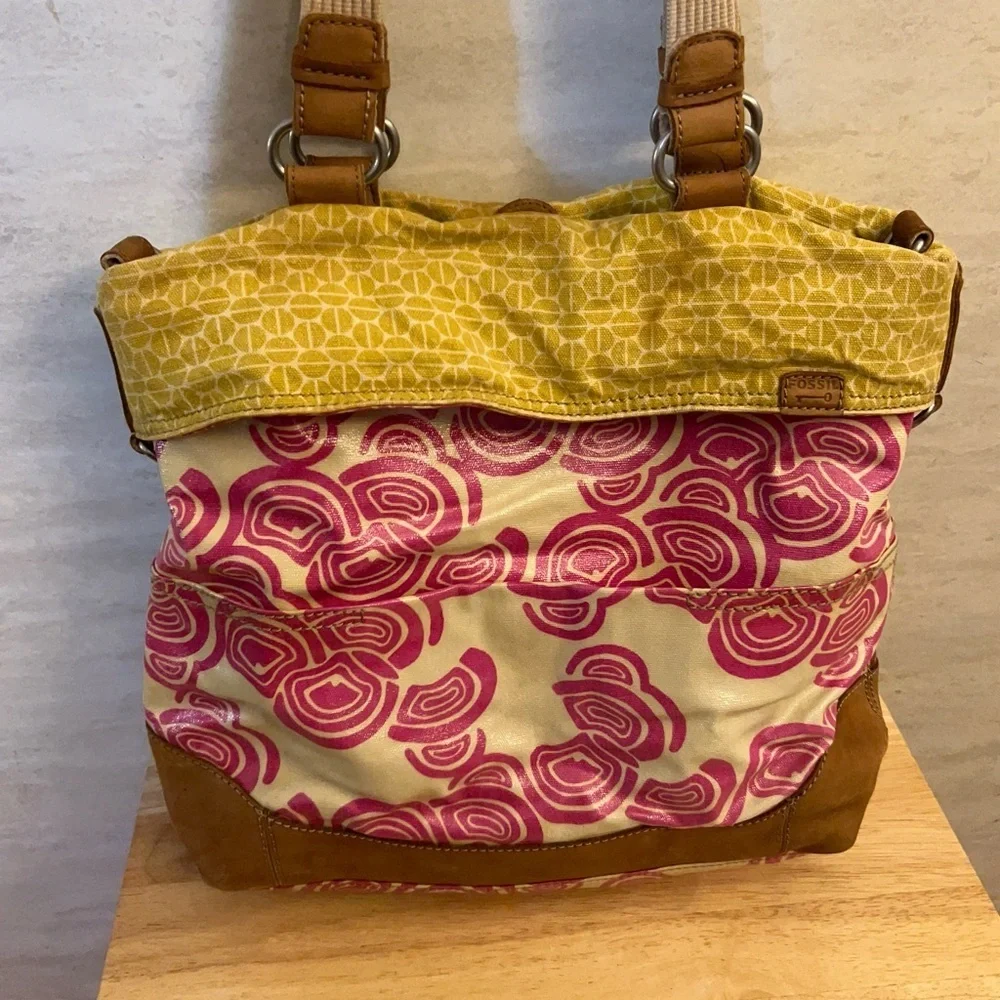 FOSSIL Key Per Coated Canvas Leather Trim Multi Pattern Hobo  Purse